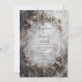 Invitación Elegante Antiguo Plata Dorado Barroco Mármol Boda