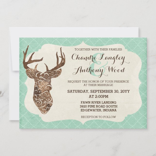 Invitación Elegante Antlers Rústica Boda Campestre (Anverso)