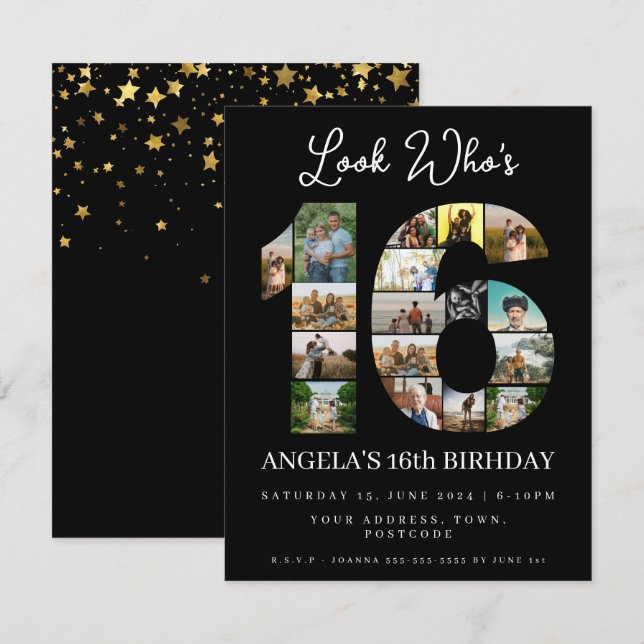 Invitación elegante apariencia negra que tiene 16 Collages de (Anverso / Reverso)