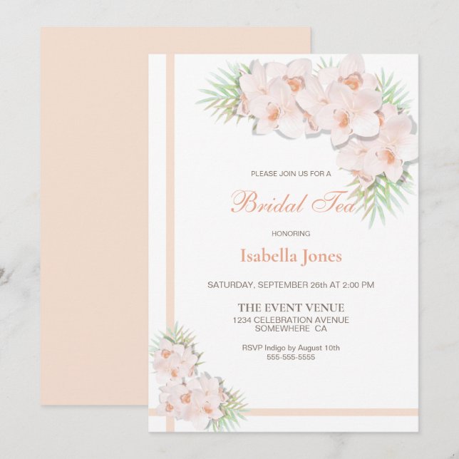 Invitación Elegante Apricot Orquídea Té de novia (Anverso / Reverso)