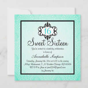 Invitación Elegante Aqua & Black Moda Damask Sweet 16 Invite