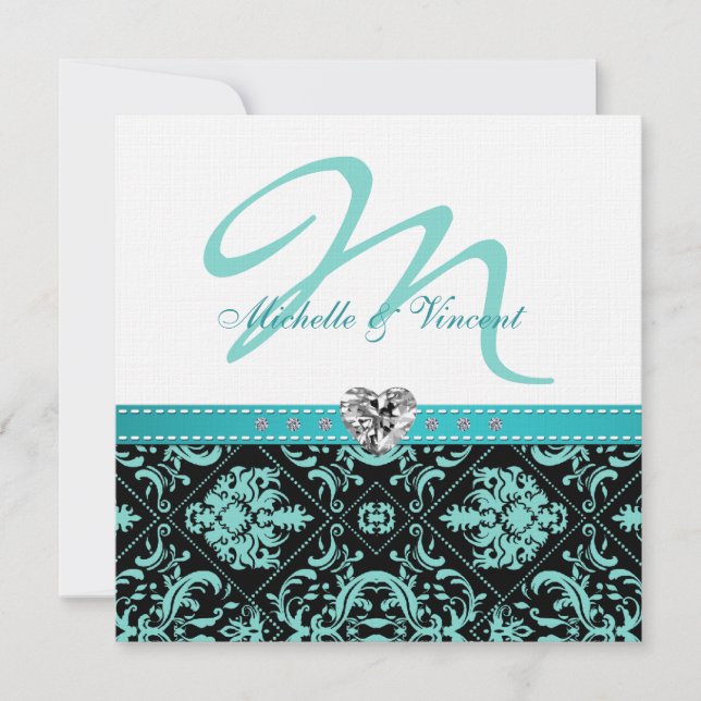 Invitación Elegante Aqua Blue / Black Damask Monograma invita (Anverso)