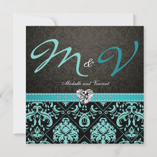 Invitación Elegante Aqua Blue / Black Damask Wedding Invita (Anverso)