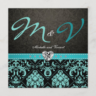 Invitación Elegante Aqua Blue / Black Damask Wedding Invita