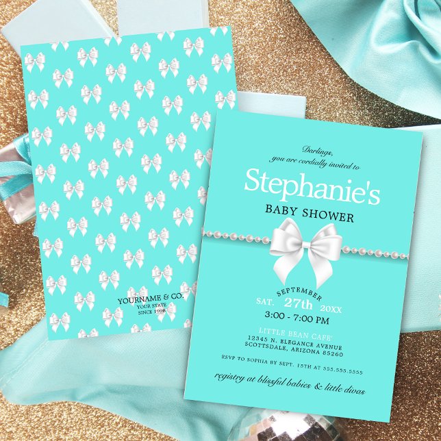 Invitación Elegante Aqua Blue Bow Tiffany Baby Shower (Elegant aqua blue teal tiffany theme baby shower with pearls white bow and simple typography script)