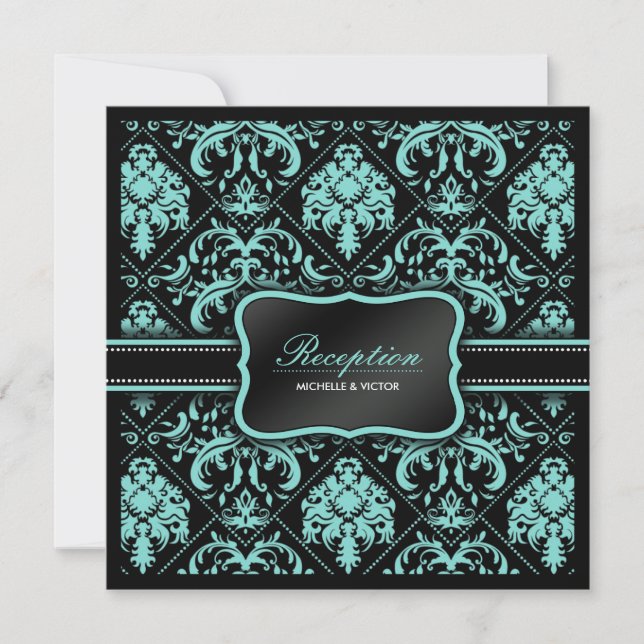 Invitación Elegante Aqua Blue y Black Damask Recepción solame (Anverso)