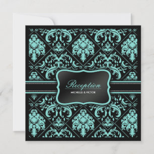 Invitación Elegante Aqua Blue y Black Damask Recepción solame