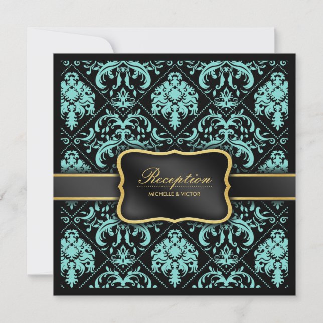 Invitación Elegante Aqua Blue y Black Damask Recepción solame (Anverso)