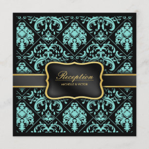 Invitación Elegante Aqua Blue y Black Damask Recepción solame