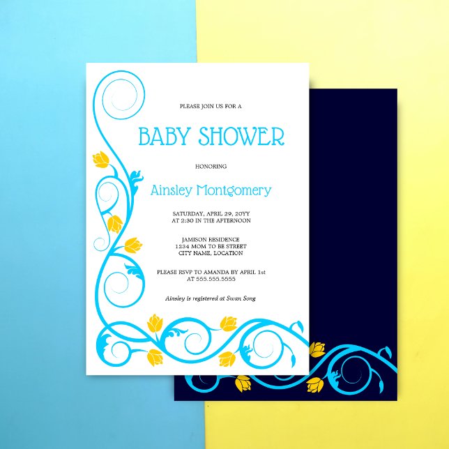 Invitación Elegante Aqua Blue Yellow Floral Swirls Baby Showe (Blue and yellow floral swirls baby shower top front and back view.)