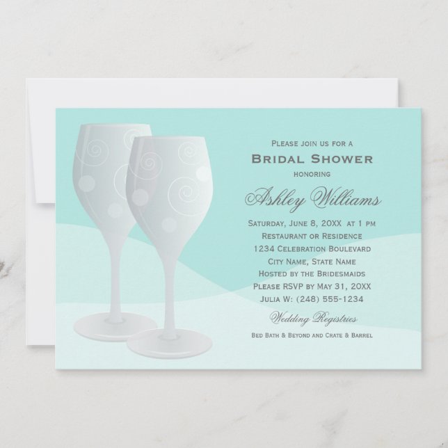 Invitación Elegante Aqua Cheers Wine Glasses Ducha Nupcial (Anverso)