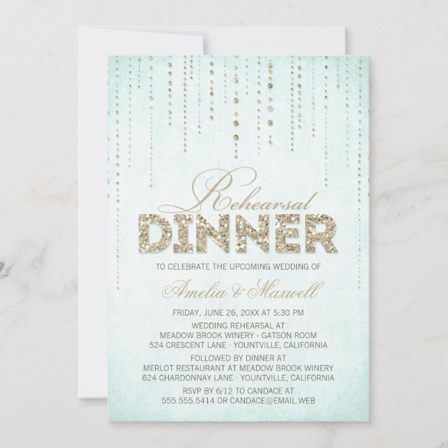 Invitación Elegante Aqua con Purpurina de oro para la cena (Anverso)