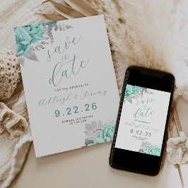 Invitación Elegante Aqua Floral Plata Salva la Fecha