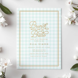 Invitación Elegante Aqua Gingham Gold Bridal Shower Brunch