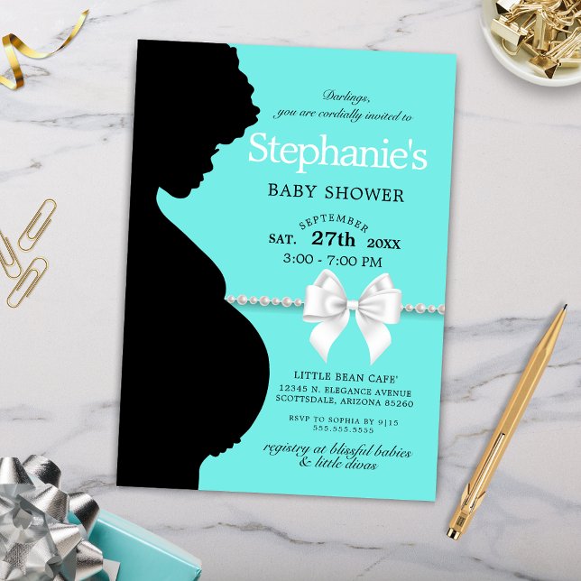 Invitación Elegante Aqua Glam Ethnic Tiffany Baby Shower (Elegant Simple Ethnic Silhouette Tiffany Theme Baby Shower Invitation with Bow and Pearls)