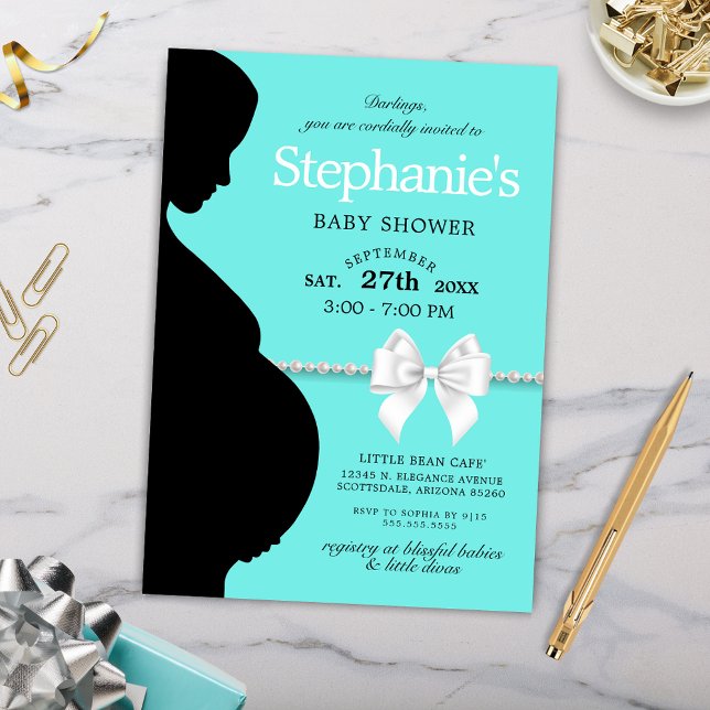 Invitación Elegante Aqua Glam Tiffany Tema Baby Shower (Elegant Teal Tiffany Theme Baby Shower Invitation with Silhouette White Bow and Pearls)