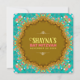 Invitación Elegante Aqua Gold Satin Lace Bat Mitzvah