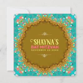 Invitación Elegante Aqua Gold Satin Lace Bat Mitzvah