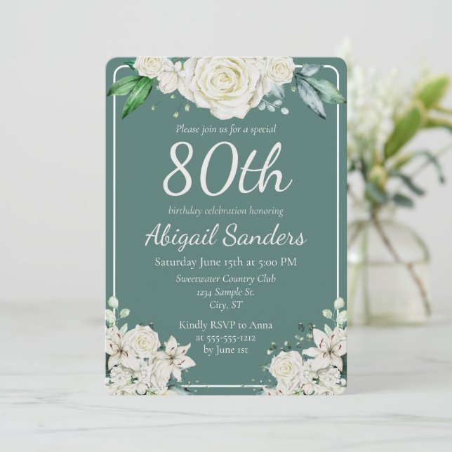 Invitación Elegante Aqua Rosa Floral 80 cumpleaños (Anverso de pie)