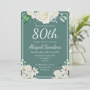 Invitación Elegante Aqua Rosa Floral 80 cumpleaños