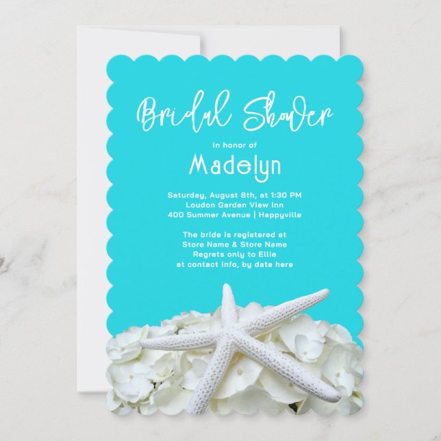 Invitación Elegante Aqua Starfish Hydrangea Bridal Shower (Anverso)