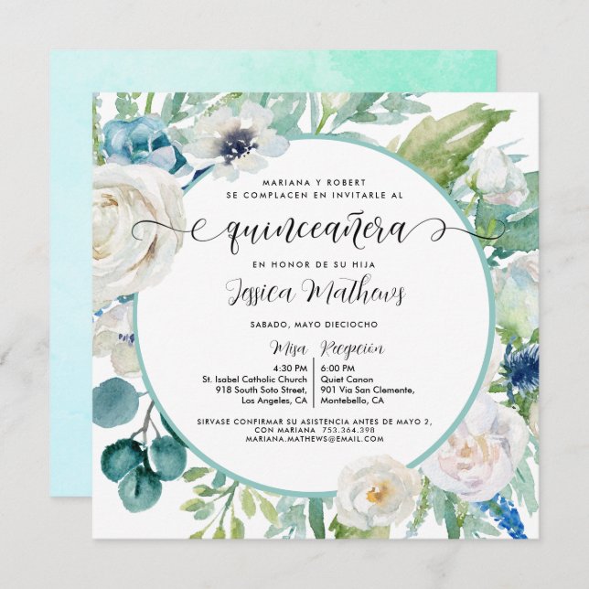 Invitación Elegante Aqua Turquesa Quinceañera Floral (Anverso / Reverso)