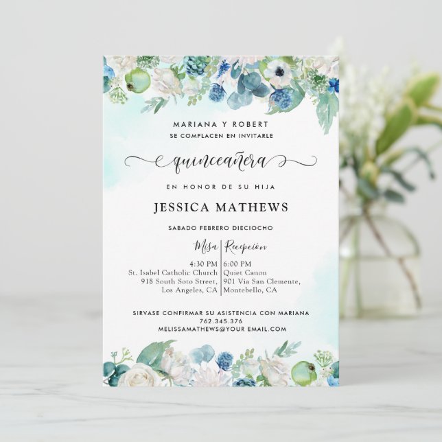 Invitación Elegante Aqua Turquoise Quinceañera Floral (Anverso de pie)