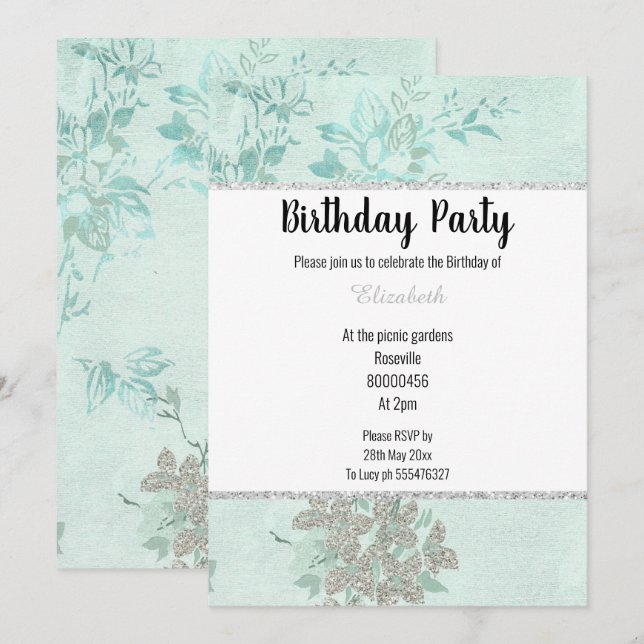 INVITACIÓN ELEGANTE AQUA VERDE AZUL DE CUMPLEAÑOS (Anverso / Reverso)