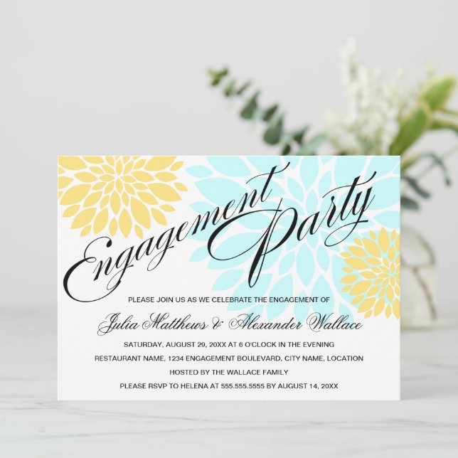 Invitación Elegante Aqua Yellow Floral Burst Engagement Party (Anverso de pie)