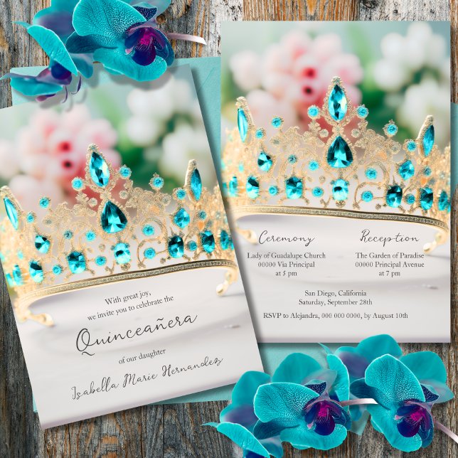 Invitación Elegante Aquamarina Y Golden Tiara Quinceañera (Subido por el creador)