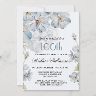 Invitación Elegante Aquarela Azul Floral 100 Cumpleaños