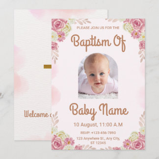 Invitación Elegante Aquarela Floral Rosa Bautismo Religioso