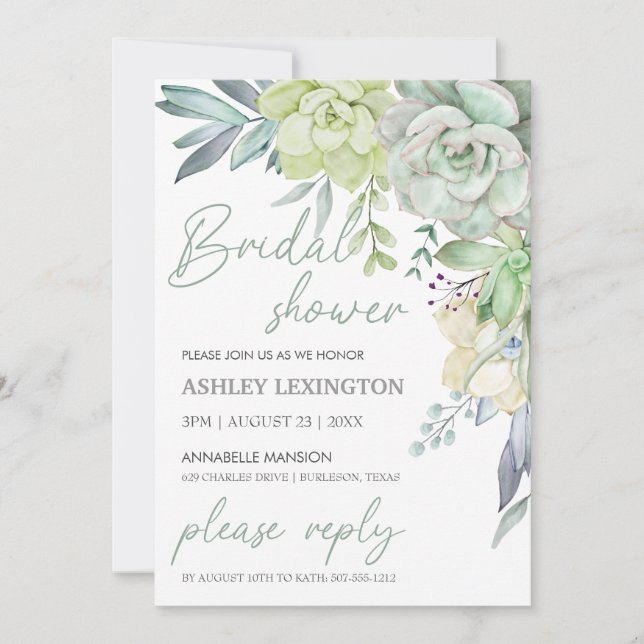 Invitación Elegante Aquarela Suculentas Verde BridalShower (Anverso)