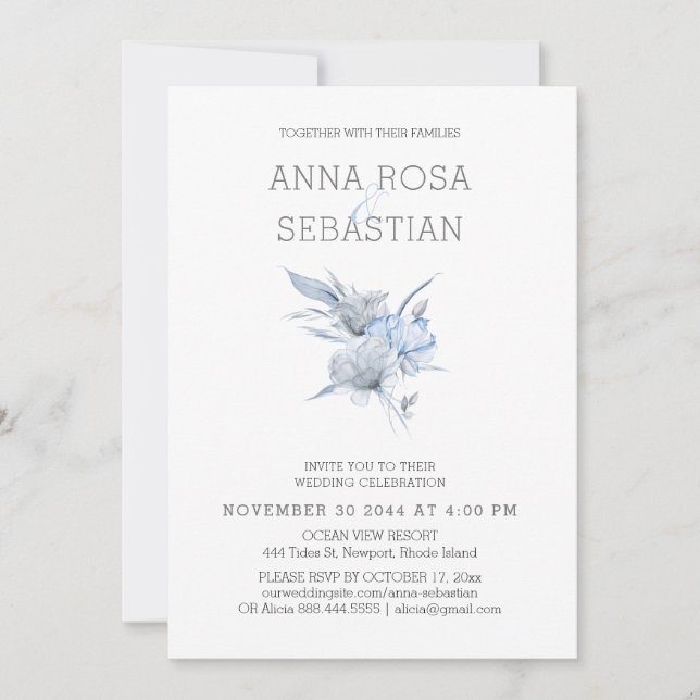 Invitación *~* Elegante AR15 Rosa floral azul BODA RSVP + (Anverso)