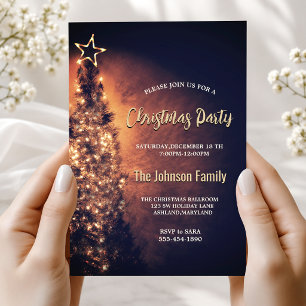 Invitación Elegante árbol brillante negro fiesta de Navidad