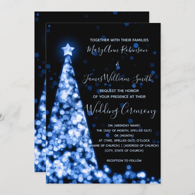 Invitación Elegante árbol de Navidad azul boda de vacaciones (Anverso / Reverso)