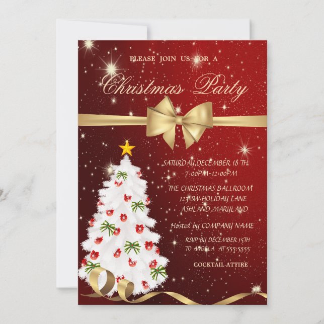 Invitación Elegante Árbol de Navidad Blanco, Bow, Red, Navida (Anverso)