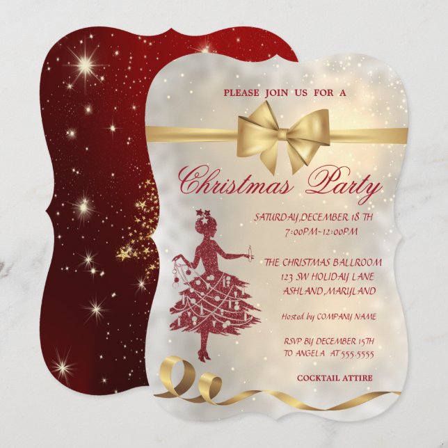 Invitación Elegante árbol de Navidad, Bow, Red, Fiesta Navida (Anverso / Reverso)
