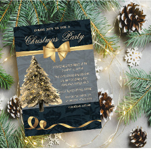 Invitación Elegante árbol de Navidad con estrellas, lazo, Fie