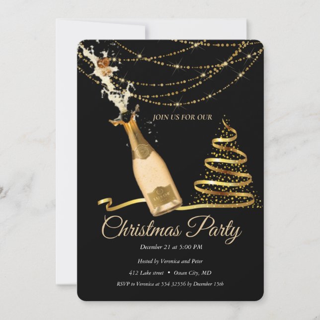Invitación Elegante árbol de navidad de champagne negro (Anverso)