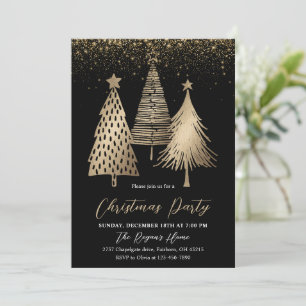 Invitación Elegante árbol de Navidad dorado con brillo de nie