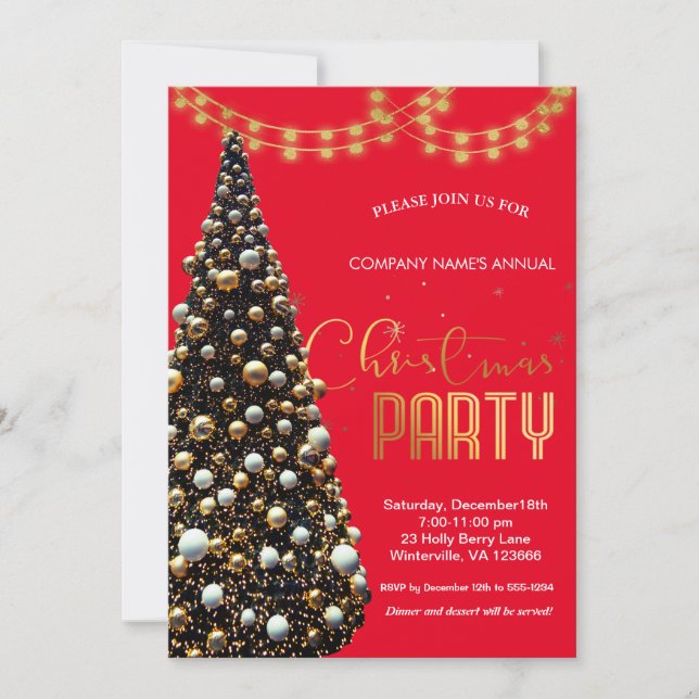 Invitación Elegante árbol de Navidad dorado, rojo (Anverso)