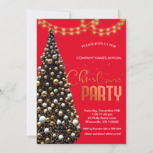 Invitación Elegante árbol de Navidad dorado, rojo