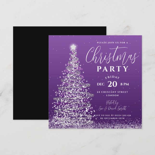 Invitación Elegante árbol de Navidad Fiesta Fiesta púrpura Pl (Anverso / Reverso)