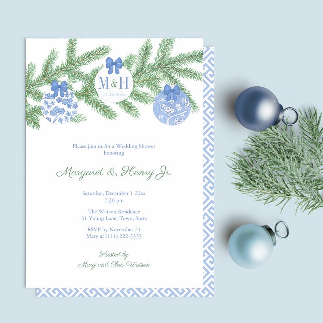 Invitación Elegante árbol de Navidad Monograma Corazón de cam (Refined Blue And White Hand Painted Ornaments Fir Tree Holidays Co-Ed Wedding Shower Or Engagement)
