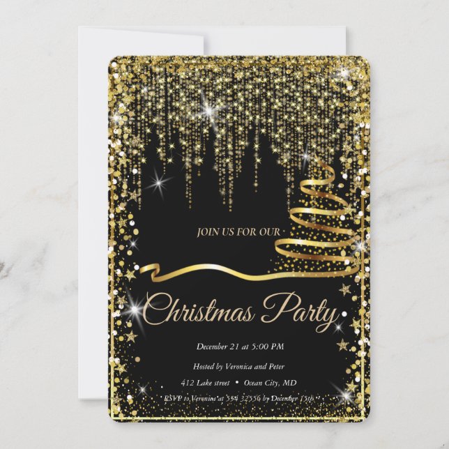 Invitación Elegante árbol de navidad negro dorado (Anverso)