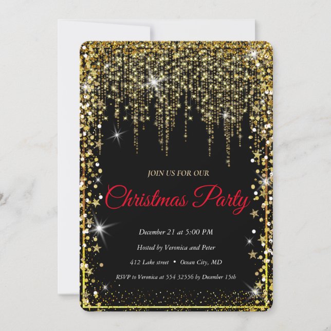 Invitación Elegante árbol de navidad negro dorado (Anverso)