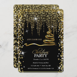 Invitación Elegante árbol de navidad negro dorado