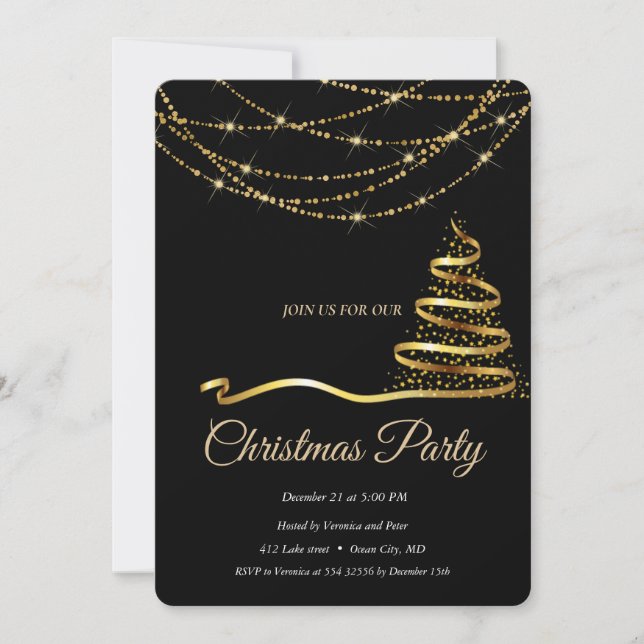 Invitación Elegante Árbol de Navidad Negro-Oro (Anverso)