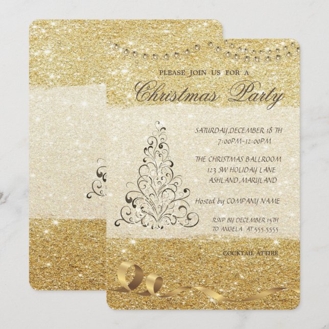 Invitación Elegante árbol de Navidad, Purpurinoso, Navidades  (Anverso / Reverso)